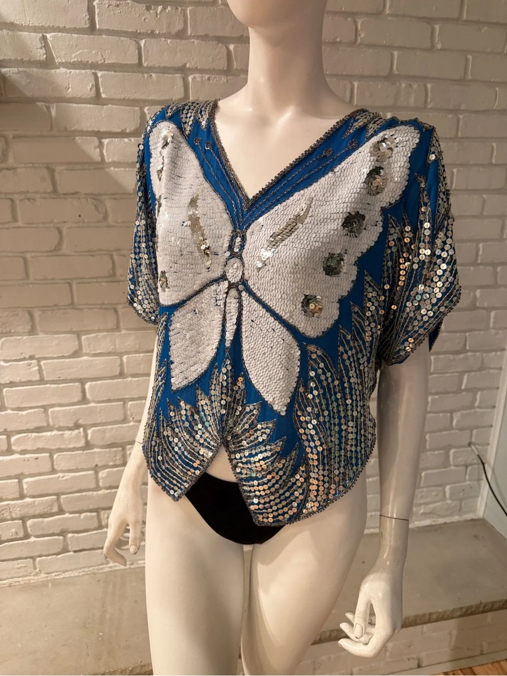 Vintage India Butterfly Sequin Beaded Silk Top Blue Silver Art Deco Oversized